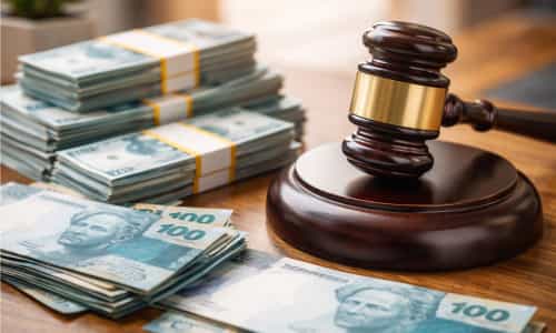 Martelo de leilão e notas de cem reais, ilustrando oportunidades de fazer dinheiro com leilão