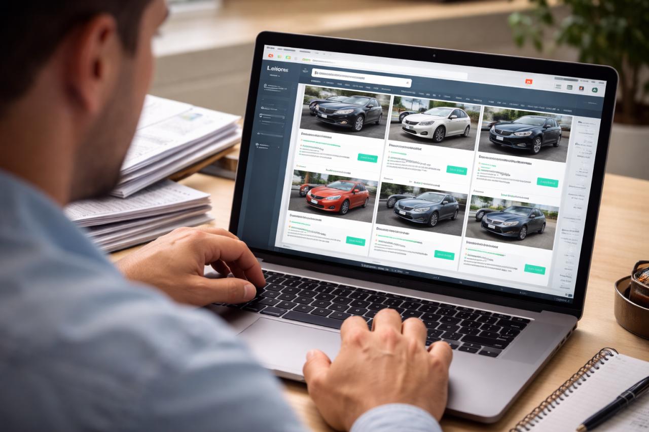Pessoa analisando um site de leilão falso no notebook para conferir ofertas e evitar golpes online