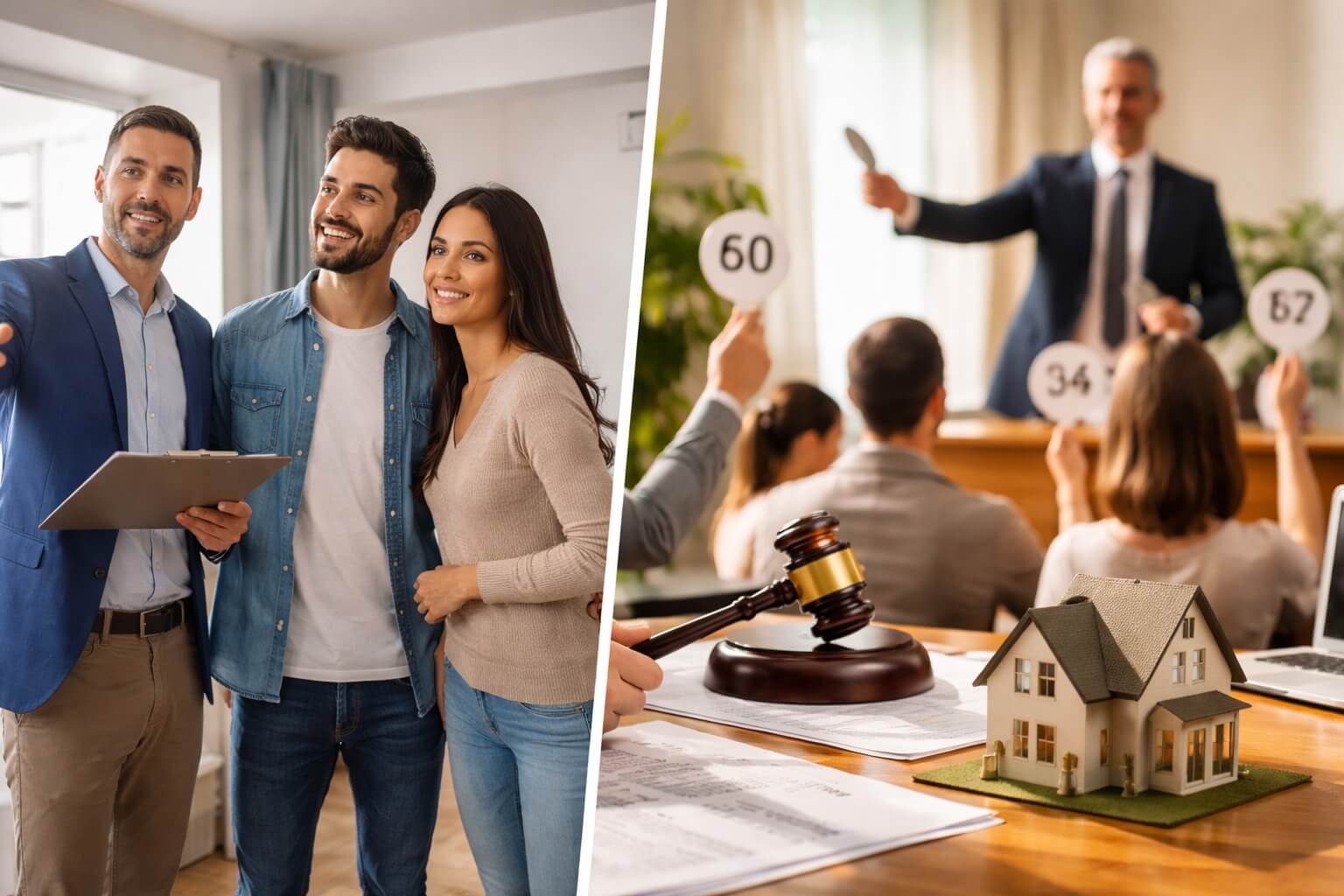 Comparação entre leilão ou venda tradicional na compra de imóvel em imagem com corretor e leiloeiro